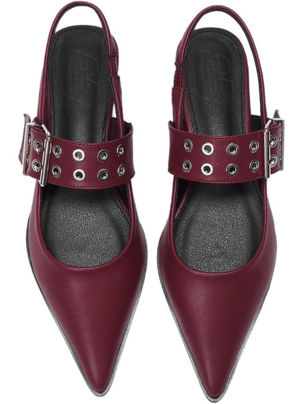 Women's Burgundy Buckled Straps Pointed Toe Slingback Flat Ballerina Shoes